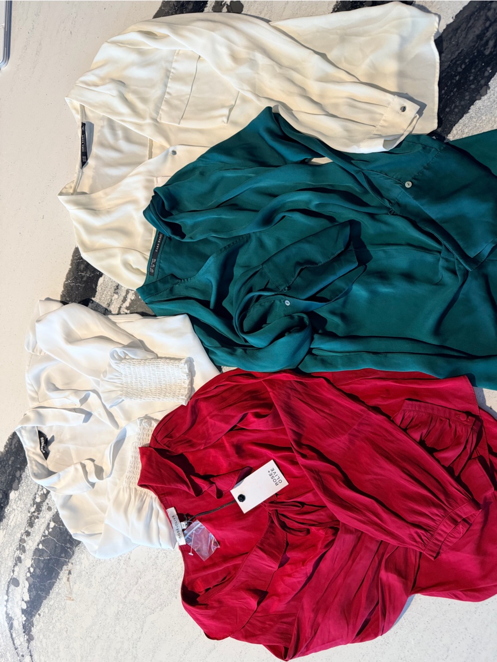 Zara, Express and Rose + Olive; Teal, Ruby Red, White & Ivory Blouse Quad